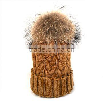 Myfur Caramel Wool Winter Knit Hat with Raccoon Fur Pom Poms