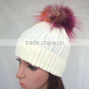 Myfur Elegant Women White Color Wool Blend Hat and Cap with Fur Ball Top