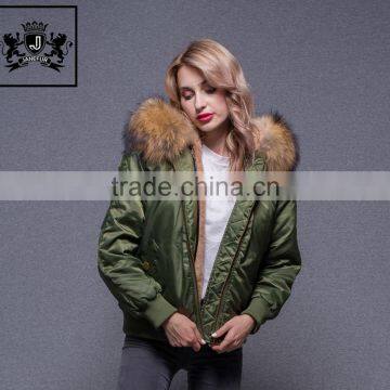 Winter Short Coat Big Real Raccoon Fur Hooded Faux Fur Lined Bomber Jacket For Women