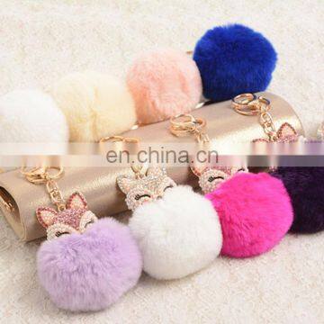 Diamond Animal With 8cm Real Rabbit Fur Pompom Keyring Key Chain photo-6