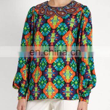 OEM service geometric-print silk-blend long sleeve crepe blouse for women