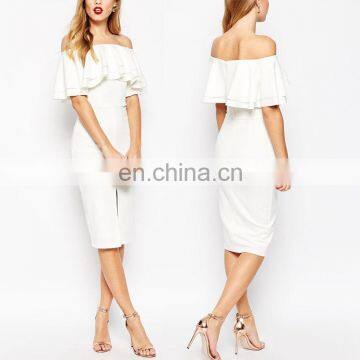 OEM China Factory Quality Elegant Off Shoulder Double Ruffle Midi Pure White Pencil Dress