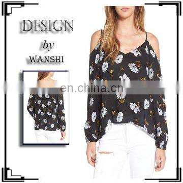 Fashion Tops for Women 2016 Wholesale Long Sleeve Floral Print Cold Shoulder Top