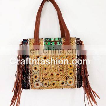 Bohemian Vintage Banjara Leather Tote- Indian Hippie Boho gypsy mirror work bag-Vintage Kutch Tote bag