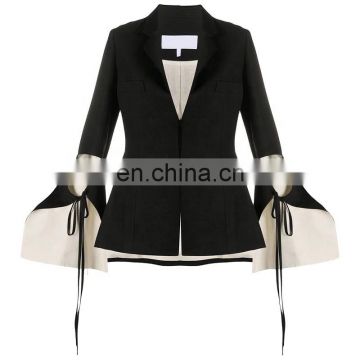 TWOTWINSTYLE Blazer For Women Notched Collar Long Sleeve Lace Up Hollow Out Asymmetric