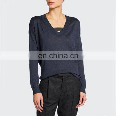 Women Summer Long Sleeve Silk Cashmere Blended Knitted Thin Pullover Sweater