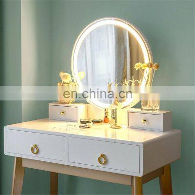 Led Light Upholstered 4 Drawer White Dressing Table With Mirror And Stool