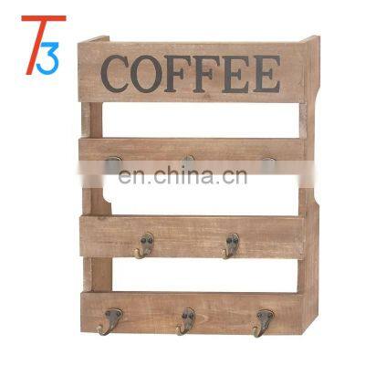 Wall Mounted 8 Hook Torched Wood Coffee Mug Cup Holder Display Rack