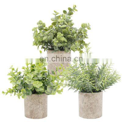 Wholesale 3 Pieces Artificial Eucalyptus Potted Plastic Plants Mini Green Plants For Office Desk Decoration Bonsai