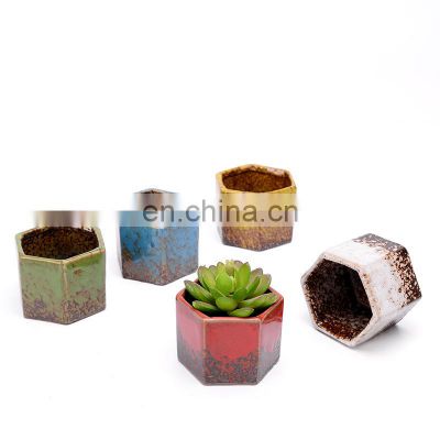 Wholesale Succulent Small Hexagonal Mini Ceramic Pot Kiln Flow Glaze Garden Pot