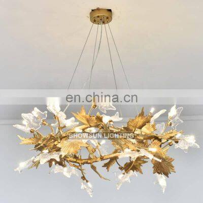 luxury led custom chandelier modern gold crystal tree branch leaves brass glass chandelier lamp