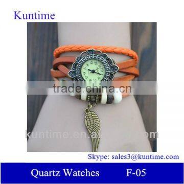 Traditional classic style Quartz watch F-05 woman with Wing pendant,leather strap, bronzed watch case