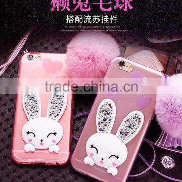 TPU Rhinestone Silicone Strap with Bracket Rabbit Fur Ball Case for iPhone 6S/6Plus