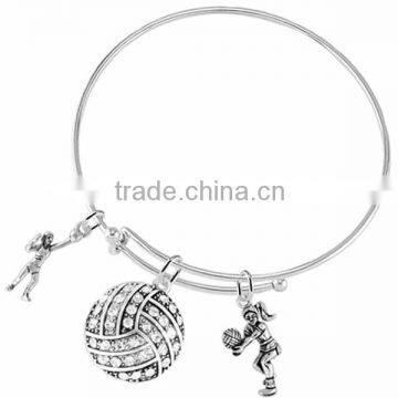 Sparkling Clear Crystal Covered Volleyball Charm Framed By Detailed Silver Tone Lady Volleyball Serving Player Bracelet