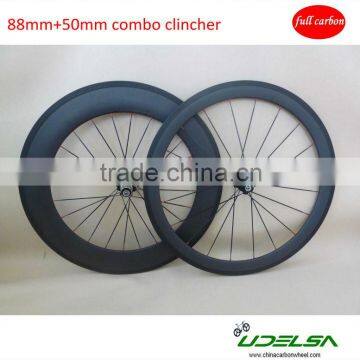 700C carbon road bike wheels 50mm front and 88mm rear clincher combo wheelset with super light hub