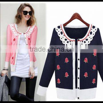 Alibaba China hot sell wholesale rose embroidery autumn sweater knit cardigan lady sweater