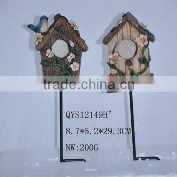 Polyresin mini bird house with stick