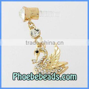 Wholesale Newest Cell Phone 3.5mm Earphone Dust Plug Gold Swan Dangle Pave Crystal Dustproof Jack MDP-M01