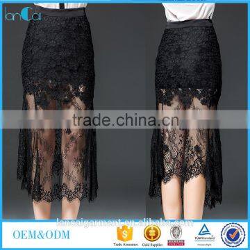 2016 Latest Skirt Designs Black Lace Semi Sheer Mermaid Skirt