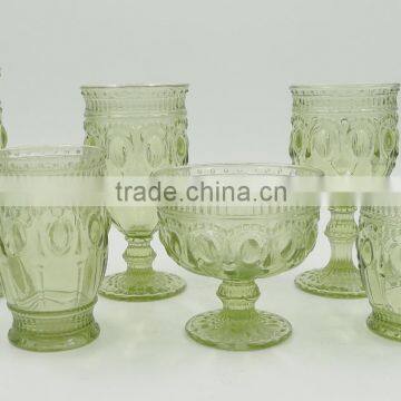 press glass drinkingware/goblet, Hiball, DOF, dessert bowl,Champagne flute in Recycle green color with Jewery patern