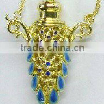 Vintage Rhinestone Epoxy Mini Bottle Perfume Flask Pendant Necklace