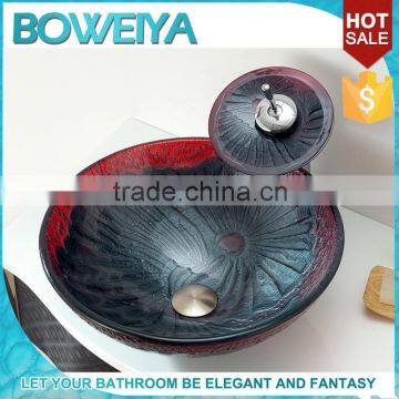 Hand Painted Round Design Tempered Glass Table Top Small Bathroom Sinks With Waterfall For Dining Room