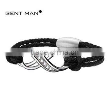 Hot new products for 2015 popular stainless steel and leather bracelet cnc cz settiing for men