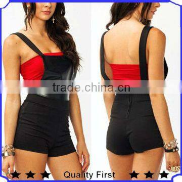 stretchy rompers features a faux leather bib attached to short bottoms with darts ladies fashion pants