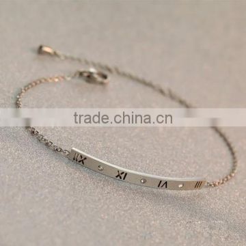 2015 promotional thin chain stainless steel bracelet, charm Roman words stainless steel bracelet for woman/lady