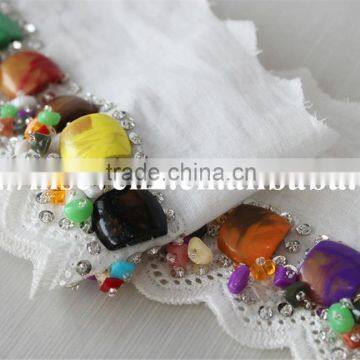 100% Cotton Water Soluble Lace Trim With Colorful Beaded Design for Sale