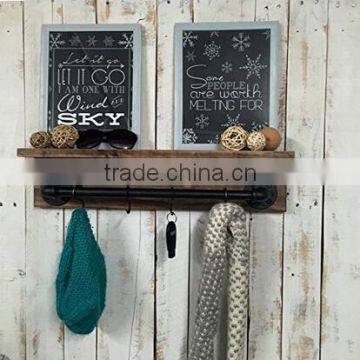 Industrial Water Pipe Wood Bathroom Wall Shelf With Hooks photo-2