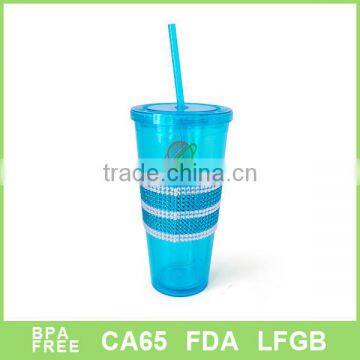 2016 new design kids plastic mugs with diamonds and straw