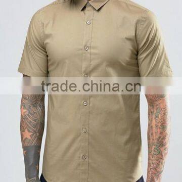 Plus Size Short Sleeve Point Collar Mens Pre-Shrunk 97% Cotton 3% Elastane Breathable Slim Fit Casual Khaki Solid Color Shirts photo-3