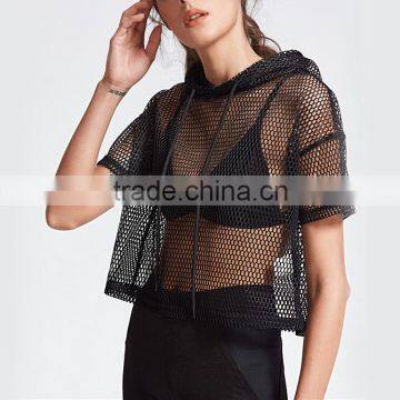 Fishnet Hooded T-shirt Women Black Drop Shoulder Sexy Summer Crop Tops 2017 New Short Sleeve Casual Cut Out T-shirt