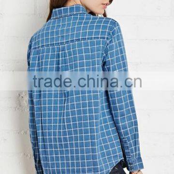 2015 Custom Women's Blue Plaid Long Sleeve 100% Cotton Flannel Shirt photo-4