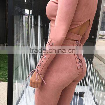 Runwaylover 074 New Style 2017 Ladies Fashion Two Piece Suits , Women Suede Crop Top And Tight Pants photo-4