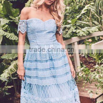Crochet Chemical Lace Trim Sweetheart Neck off Shoulder Midi Party Dress photo-6