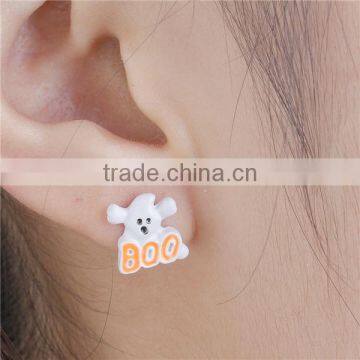 Ear Studs Earrings White & Orange Halloween Ghost Message Boo " Carved x 11mm photo-3
