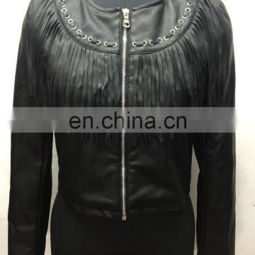 Women's Winter Faux Leather Bolero Imitation Leather Jacket bomer Jacket Zipper Blazer with tassel details