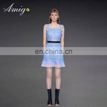 light blue two layer strapless dress with hollow out lace bottom dress