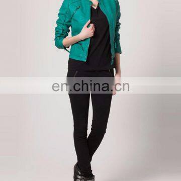 Custom long sleeve leather contrast block fancy new style ladies office jacket