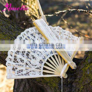 A-Fan030-27 White battenburg lace bamboo wedding fan