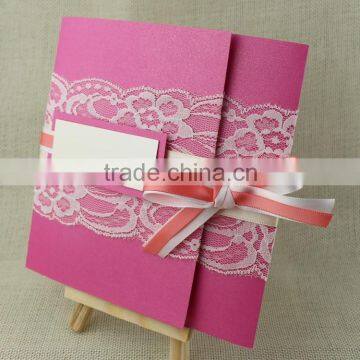 Lace Rose Red Hindu Luxurious Wedding Cards Invitations With RSVP Card