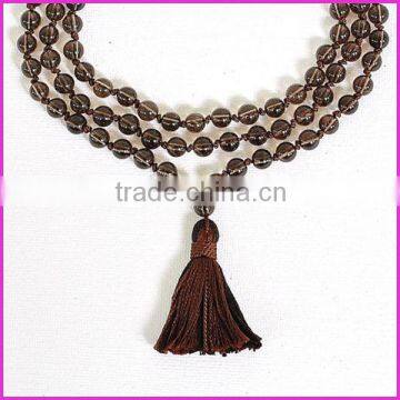 NE2144 Smoky Quartz Mala Necklace, Smoky Quartz Knotted Mala Beads