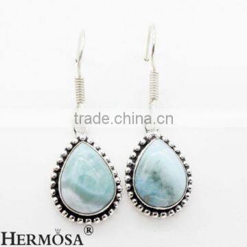 Teardrop Attractive Blue Larimar 925 Sterling Silver Lady Gift Hook Earrings