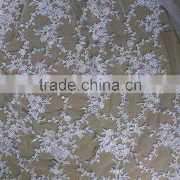 pearl beads embroidery white lace fabrics/thick white french lace/guangzhou african lace embroidery fabric/beaded heavy lace