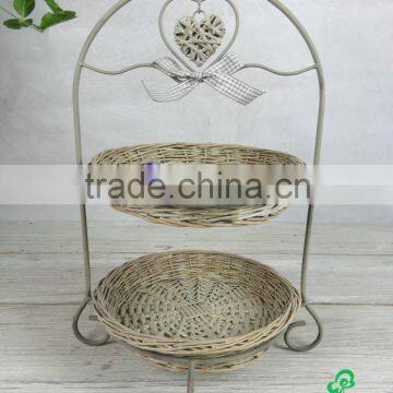 Two Tier Rustic Metal Stand with Wicker Plate and wicker heart and Ribbon Bow Decorated (46H-097)