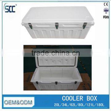 Rotomolding insulated plastic fish ice cooler box, ice cooler box with rope each side