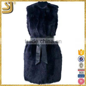 OEM factory price navy blue fur coats, american sleeveless belt women fur coat