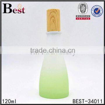 120ml frosted fancy glass lotion bottle with pump sprayer, wooden lids